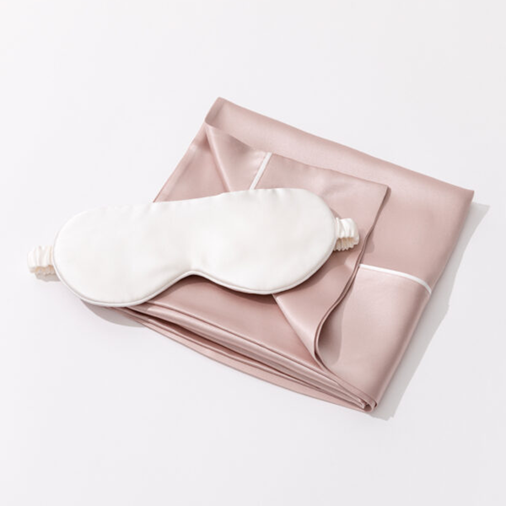 Pink mulberry silk pillowcase with piping and white eye mask