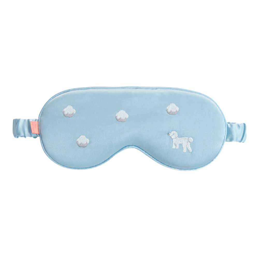 Light blue embroidered pure silk sleep eye mask flat lay