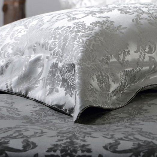 Silver damask jacquard silk pillowcase close up