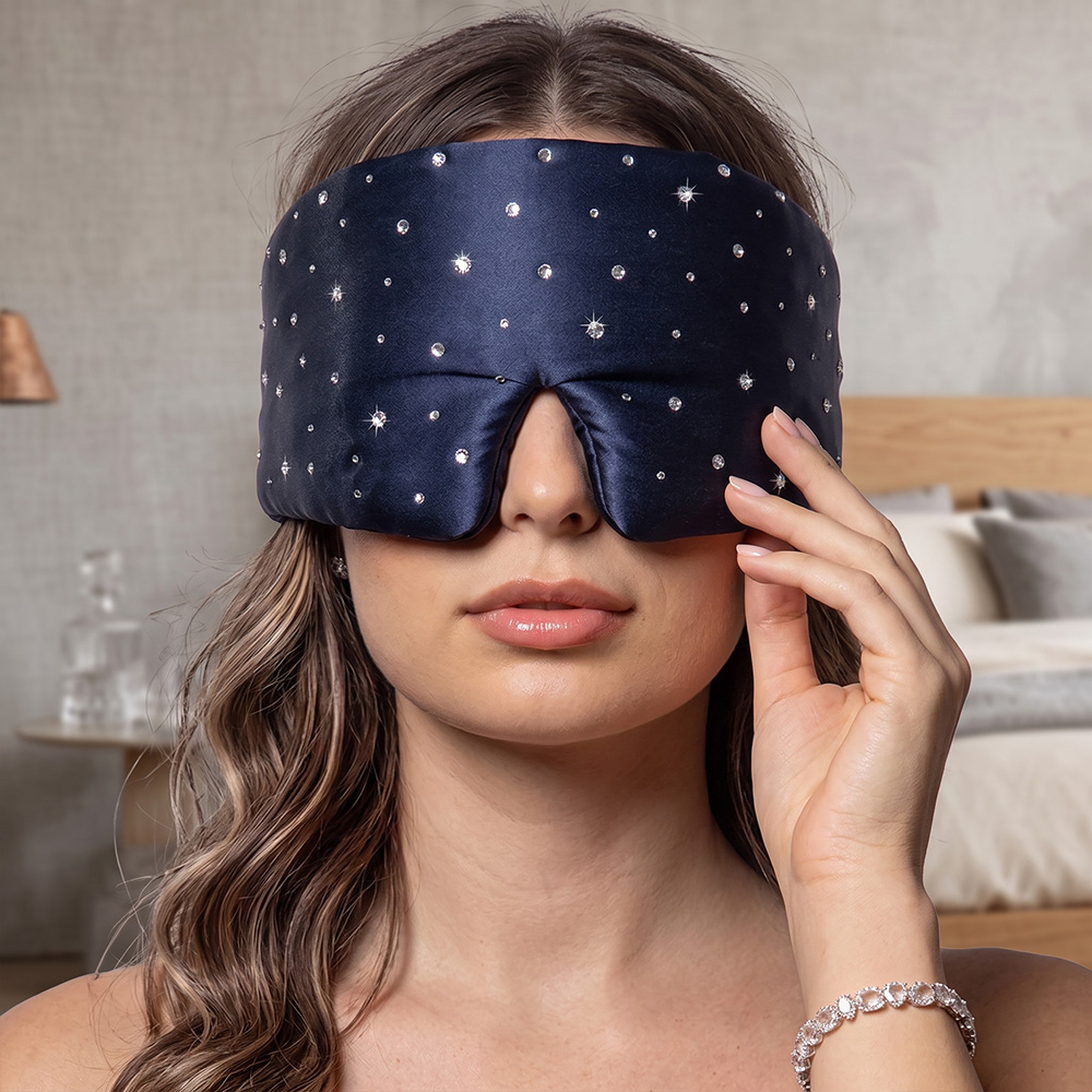 Front view of navy starry silk wrap eye mask
