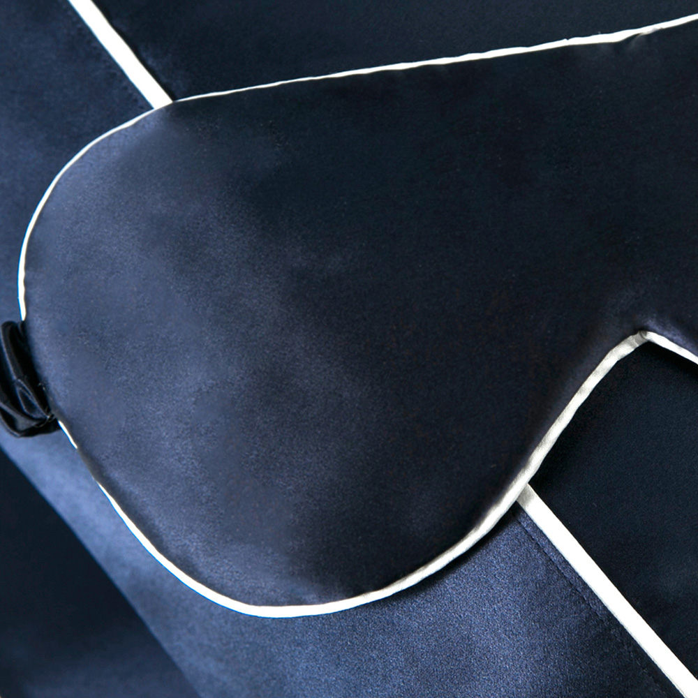 Navy blue mulberry silk sleep mask with white piping border