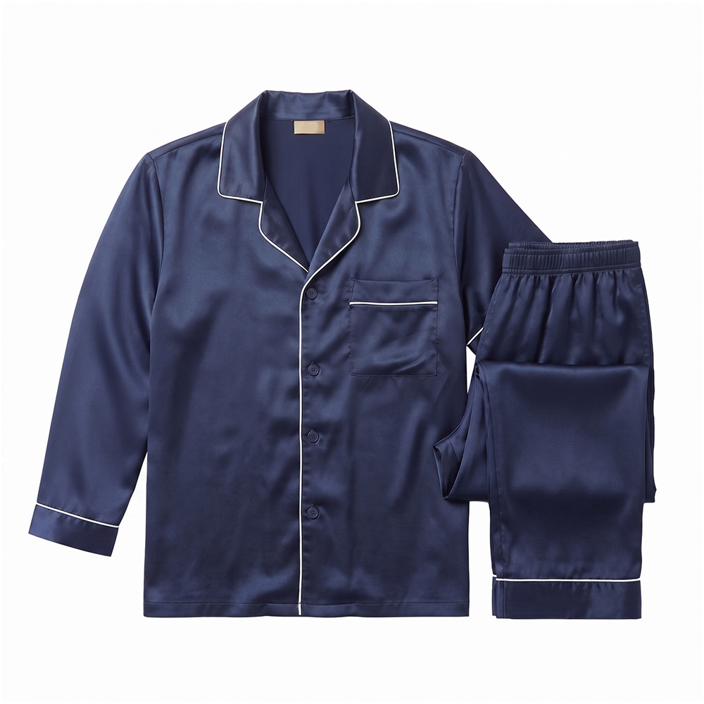 Men's navy blue silk long sleeve pajama set